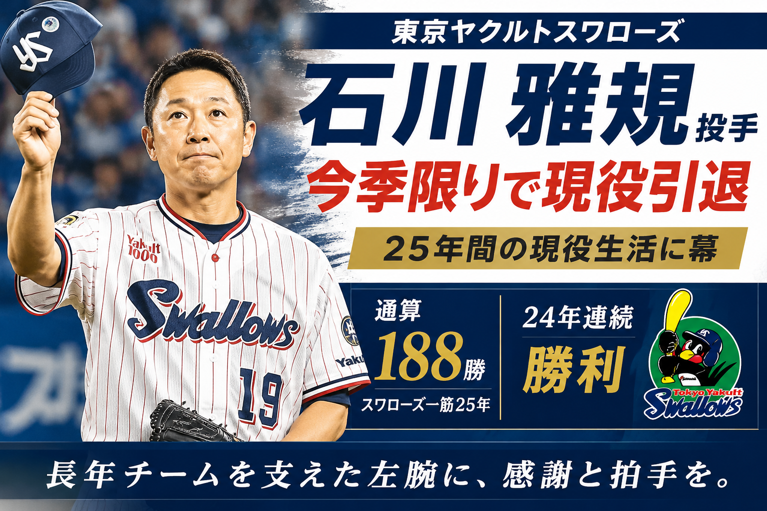 石川雅規が今季限りで現役引退 通算188勝・24年連続勝利の左腕が25年の現役生活に幕 04a3a4c9 B3ca 402b B75c Aa820898178d